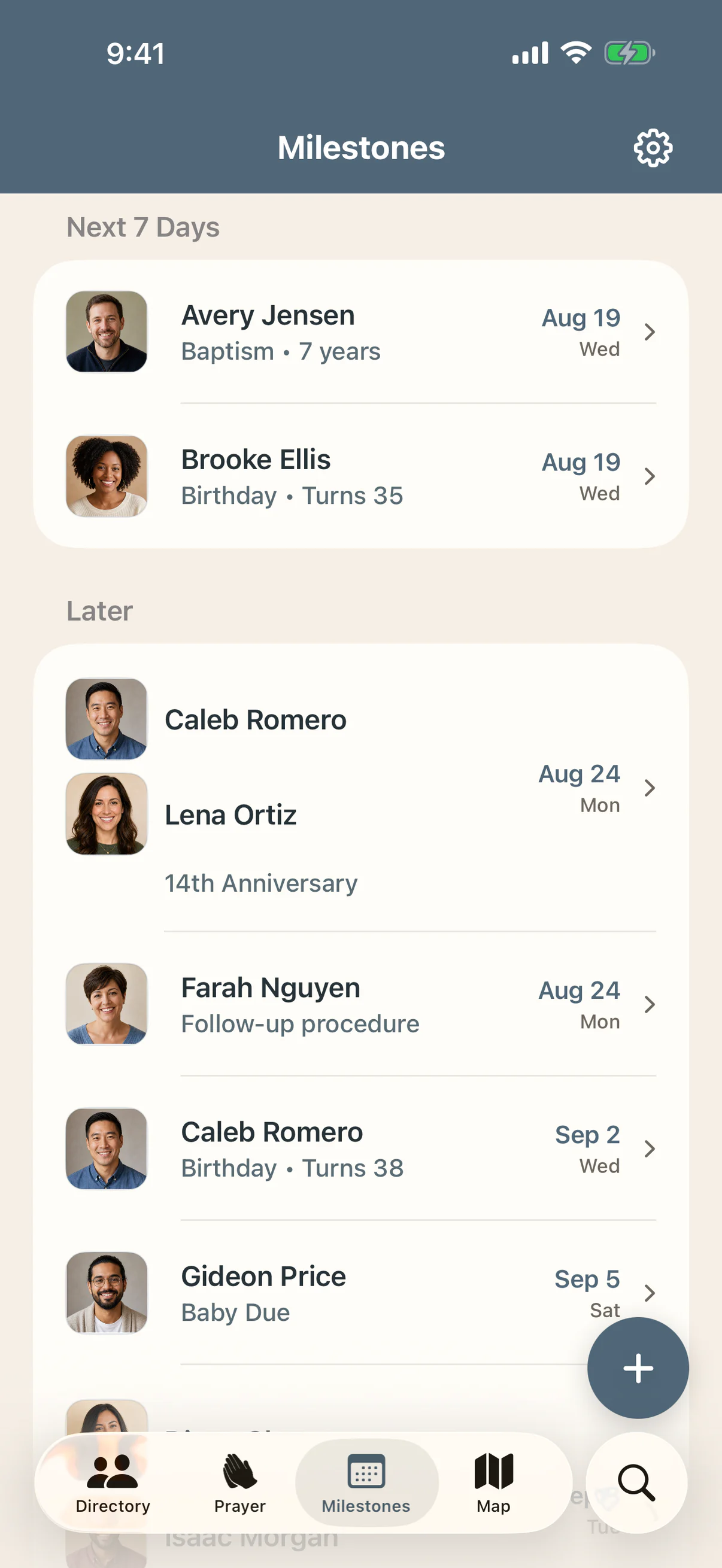 Ministry Margin Directory Milestones showing fictional birthdays, an anniversary, a baptism, and follow-up dates