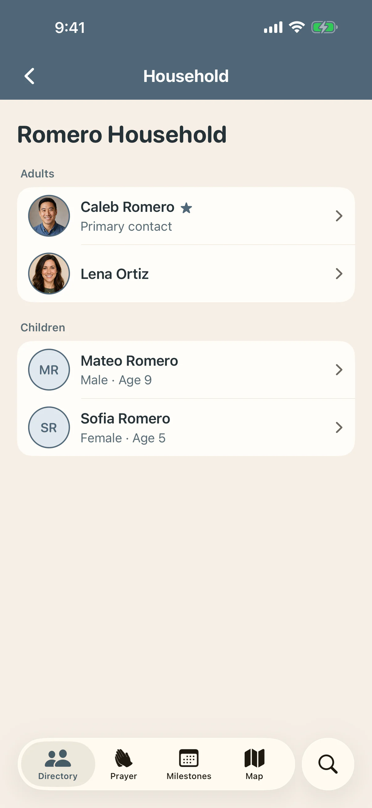 Ministry Margin Directory showing the fictional Romero household with adults and children