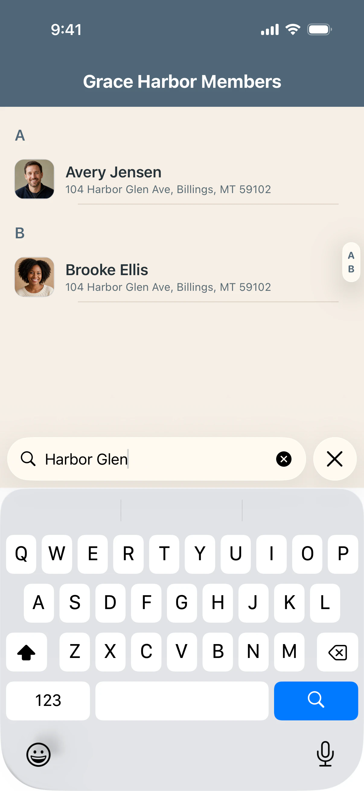 Local Directory search results for Harbor Glen showing why two fictional people matched the address