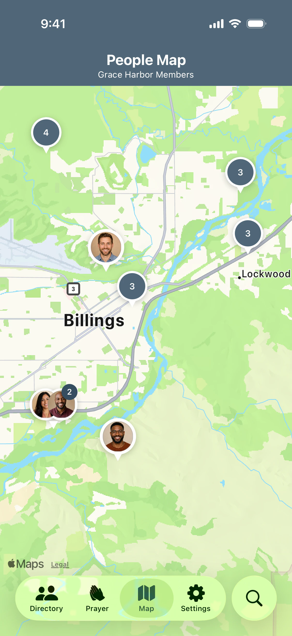 People Map showing fictional directory households and clusters around Billings