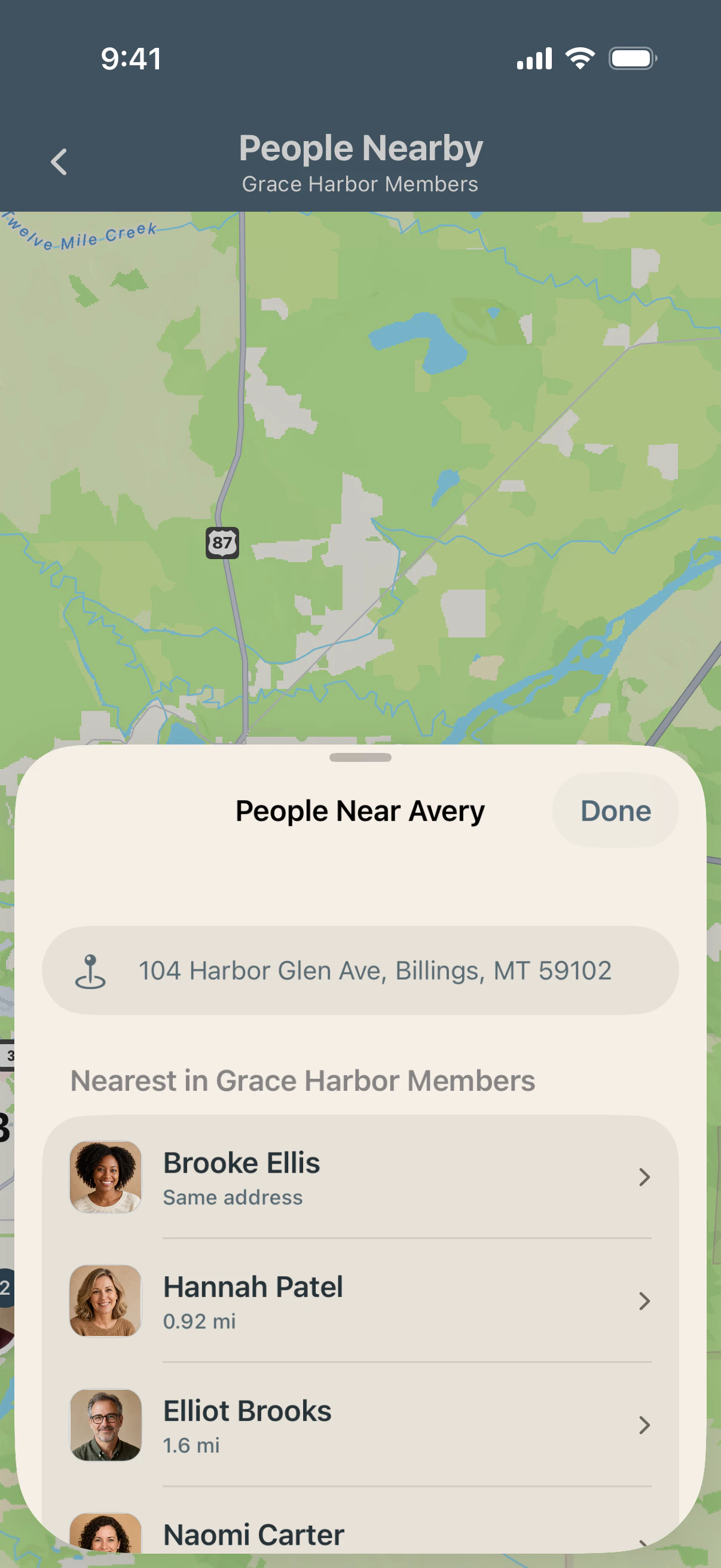 People Nearby showing a fictional shared household and other nearby people
