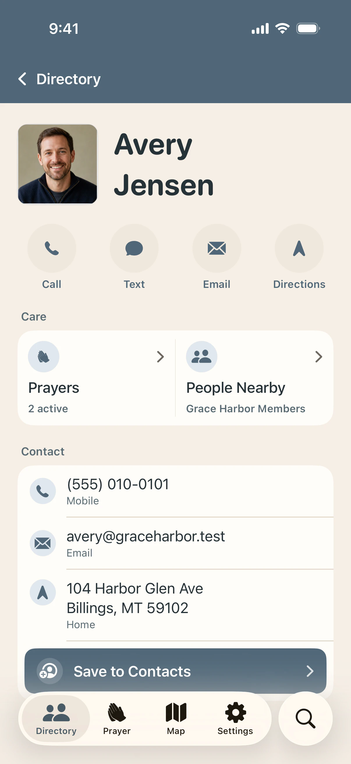 Fictional person contact card with contact, directions, prayer, nearby context, and Save to Contacts