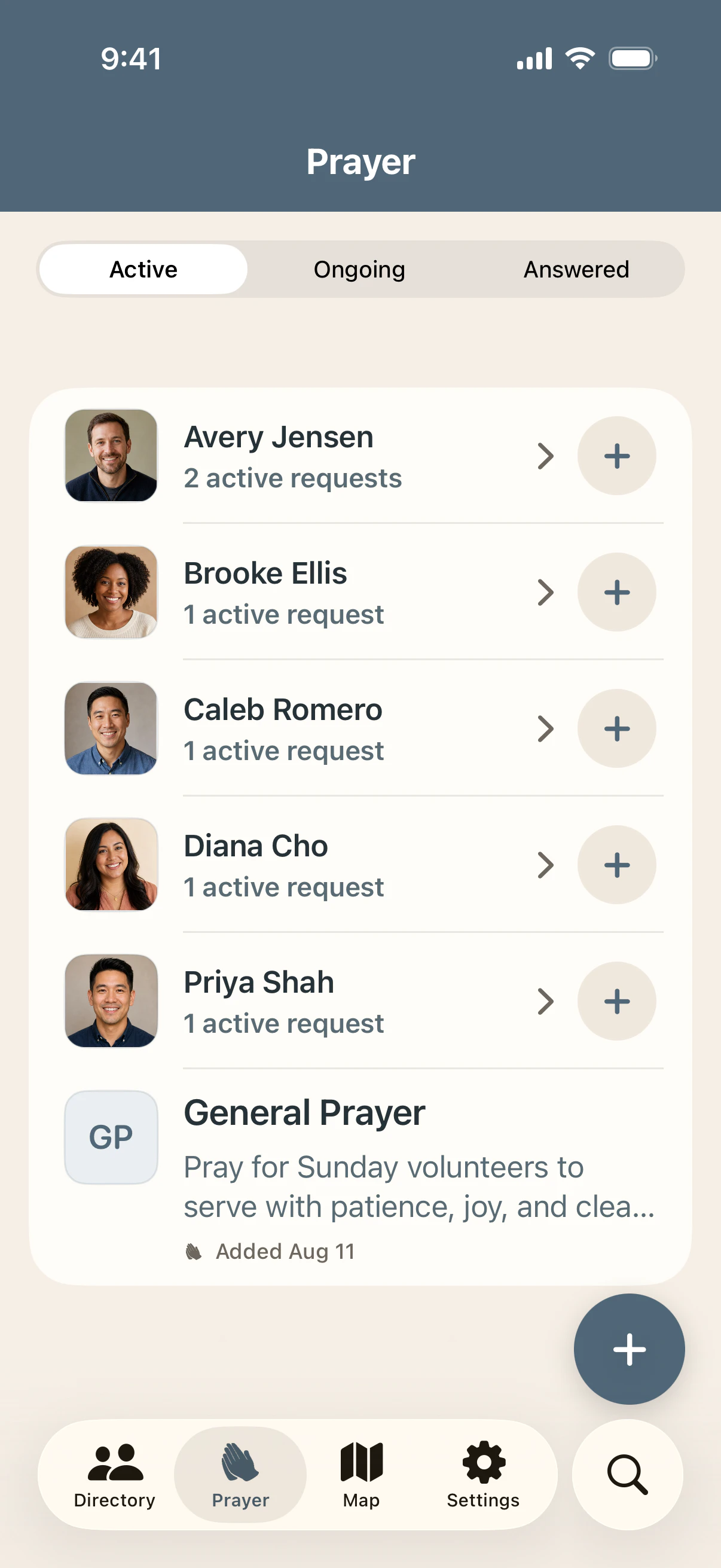 Private prayer list connected to fictional people in Ministry Margin Directory