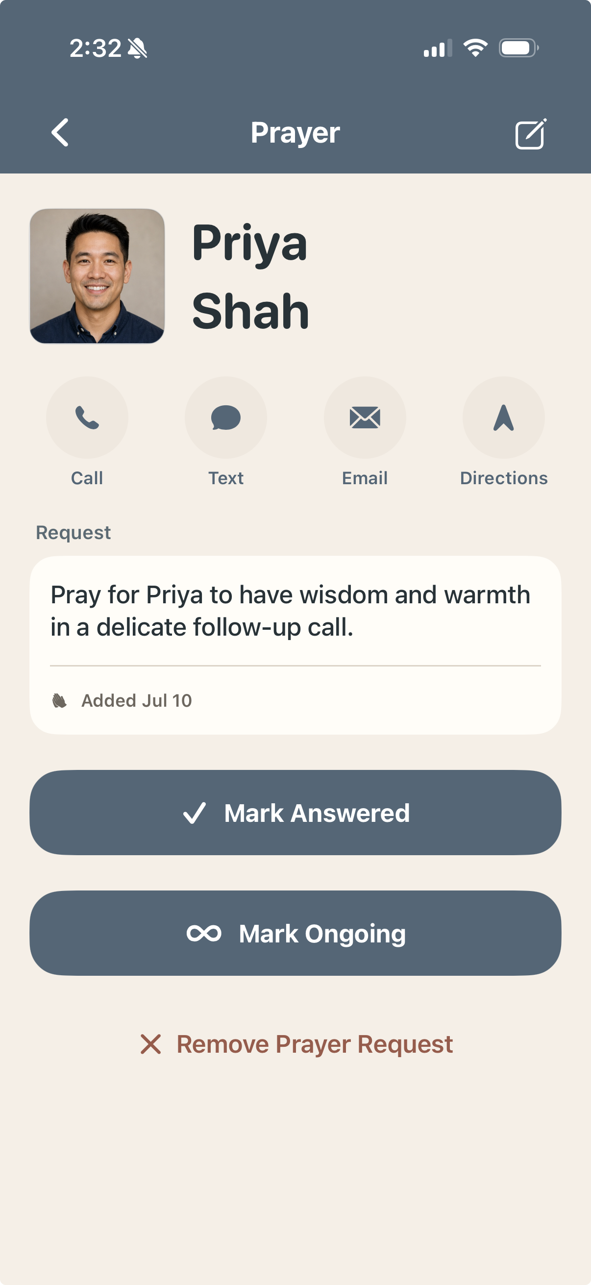 Fictional person-linked prayer request with actions to mark it answered or ongoing