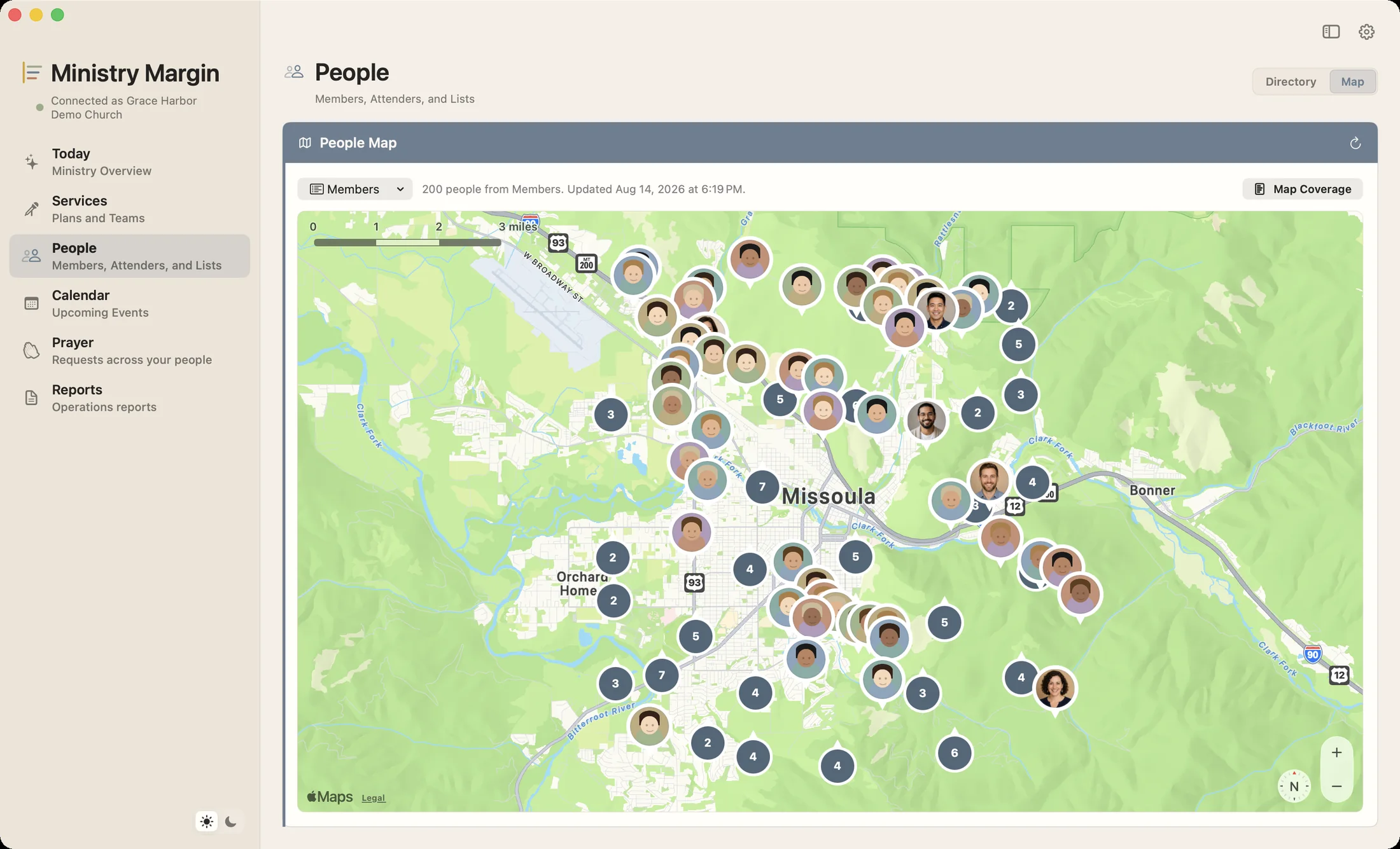 Ministry Margin for Mac People Map showing fictional people and households across Missoula