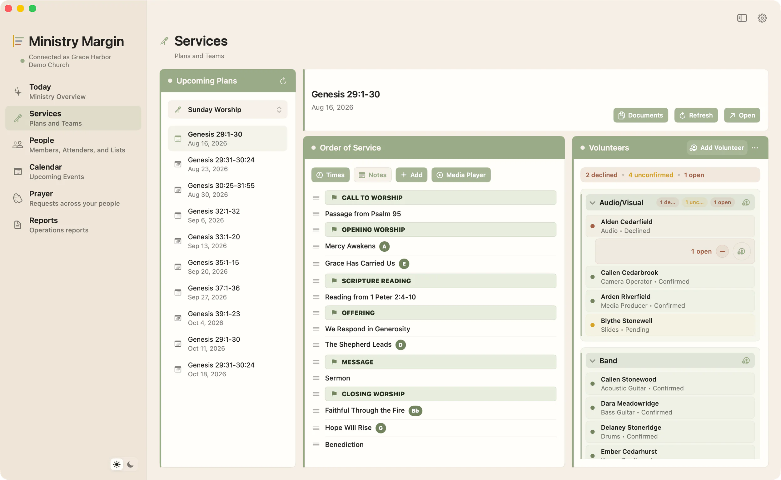 Ministry Margin for Mac Services workspace showing the order of service and volunteer teams for a fictional plan