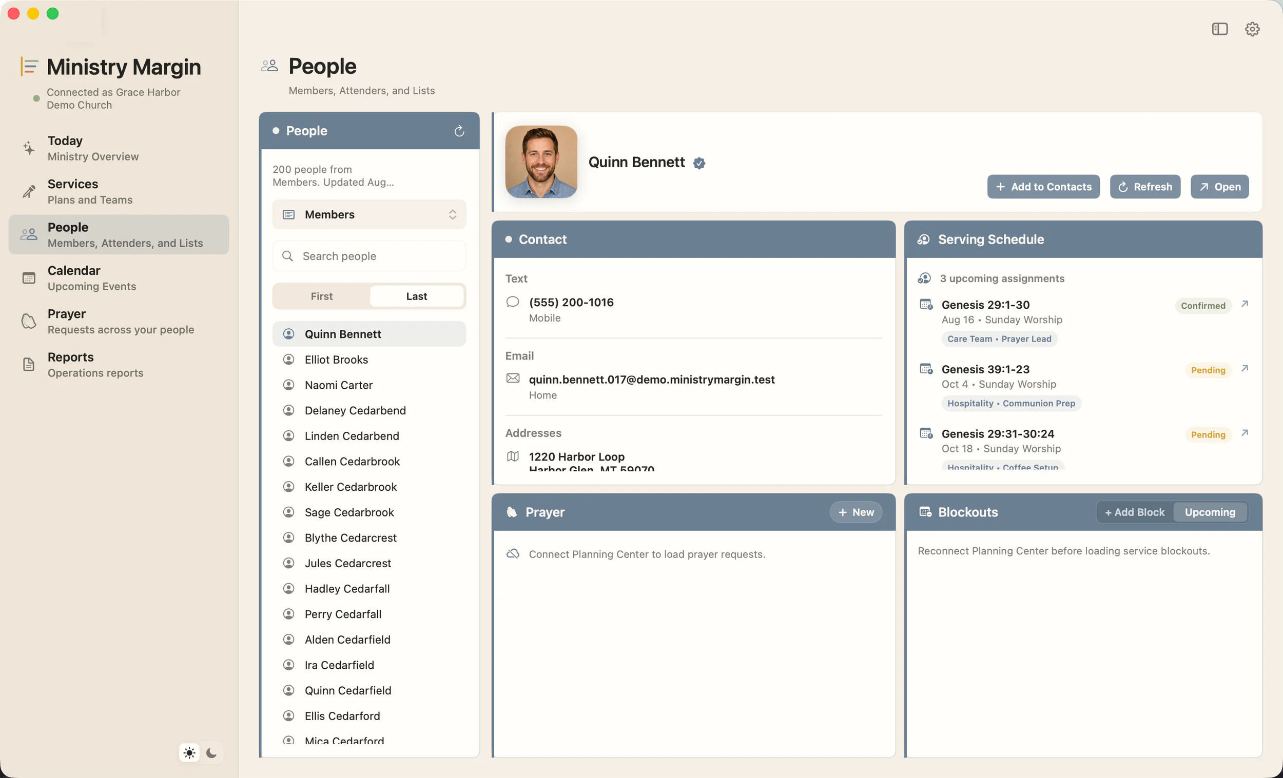 Ministry Margin for Mac People workspace showing a realistic fictional person profile, contact details, serving schedule, prayer, and blockouts