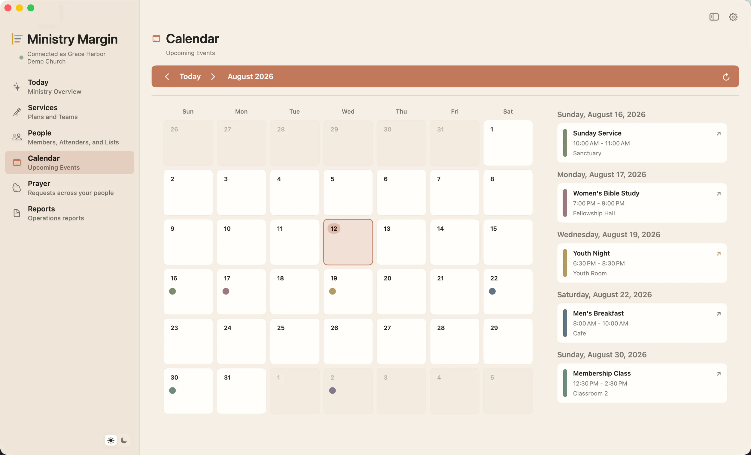 Ministry Margin for Mac Calendar workspace showing fictional church events
