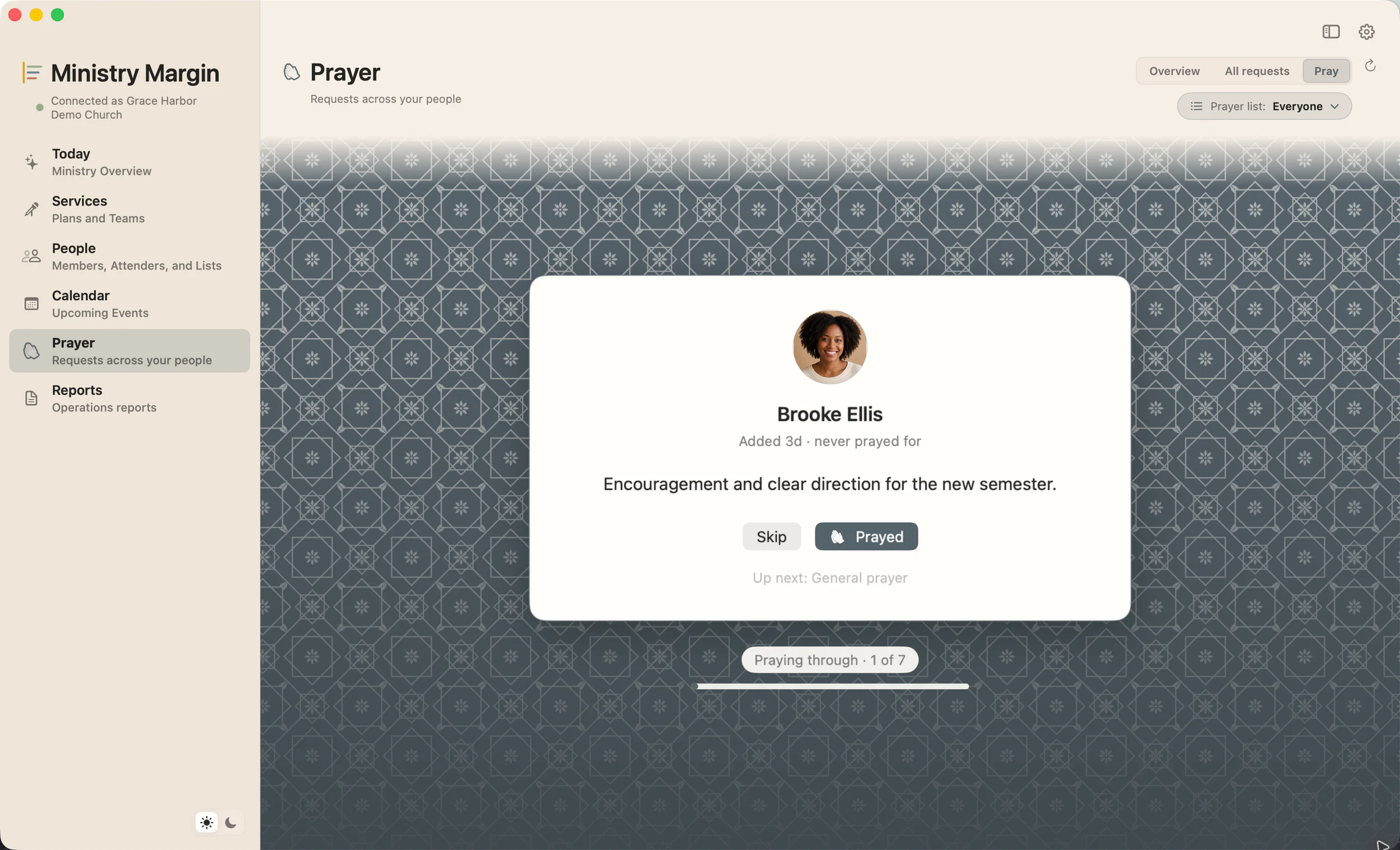 Ministry Margin for Mac pray-through view presenting Brooke Ellis and one fictional prayer request