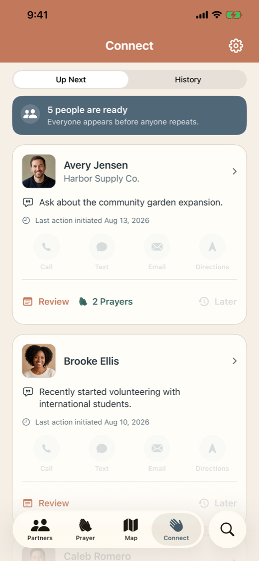 Connect in Ministry Margin Partners showing a fair Up Next group of fictional supporters with notes and recent action dates