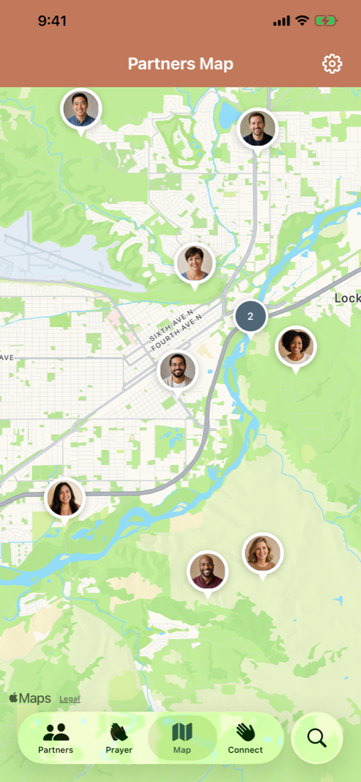 Partners Nearby map showing fictional supporters spread across a city for planning support-raising visits