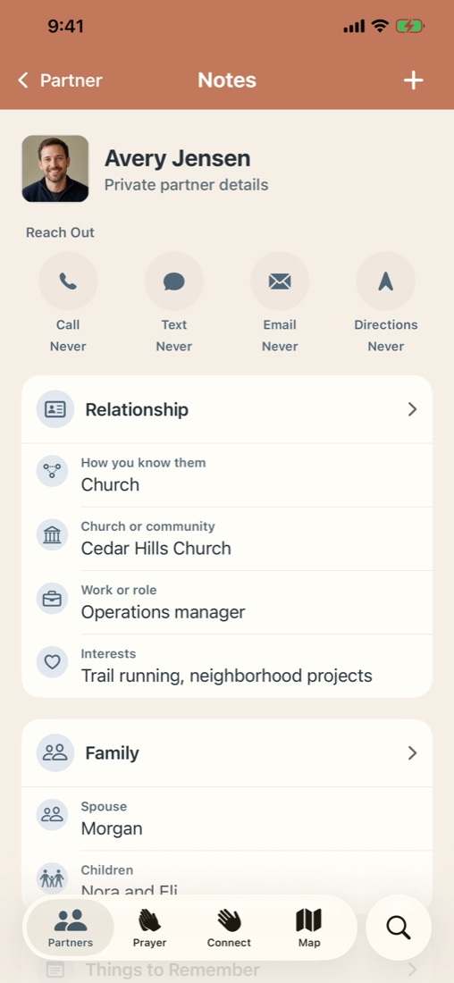 Fictional supporter profile showing relationship, church, work, interests, and family details in Ministry Margin Partners