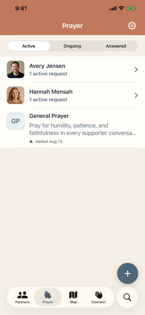 Private prayer list in Ministry Margin Partners showing fictional person-linked and general prayer requests