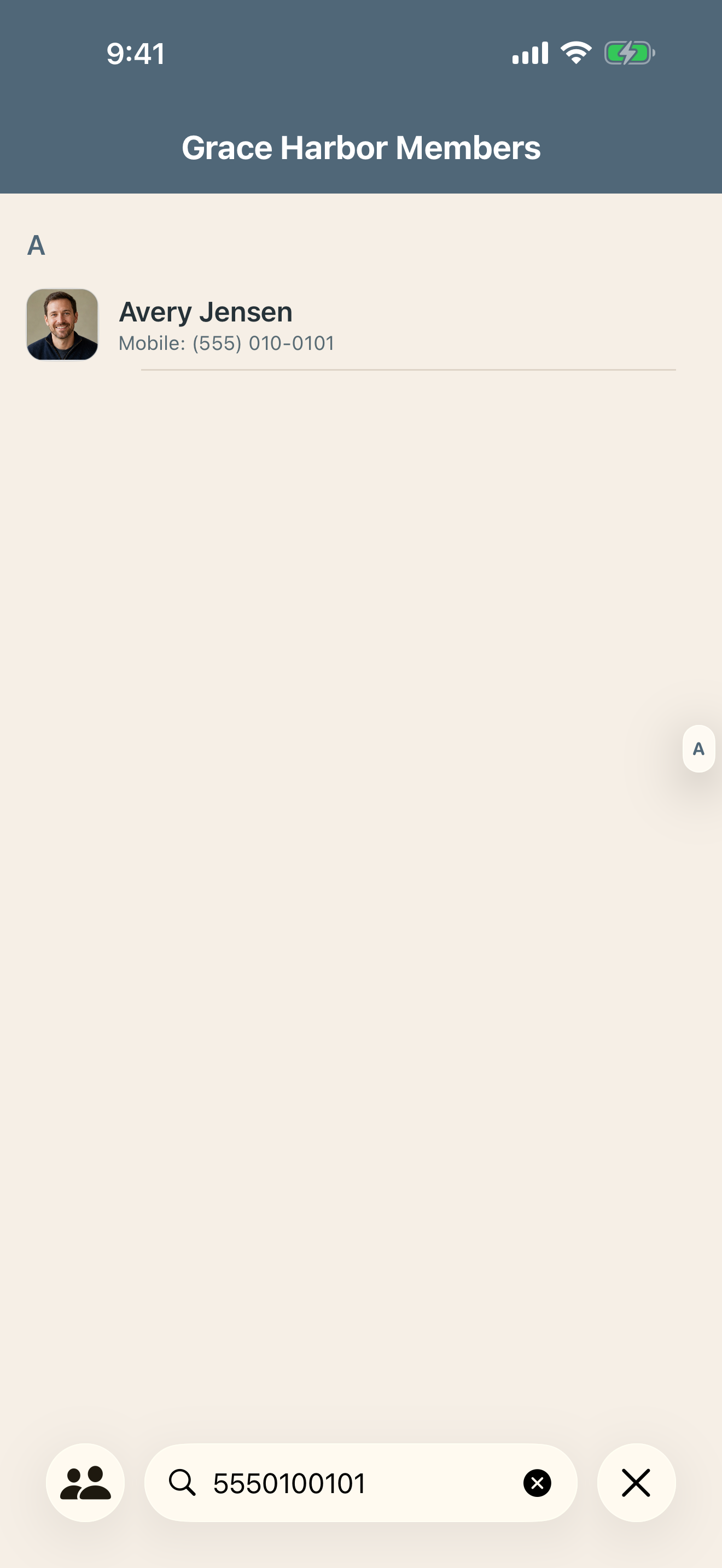 Local Directory search matching the fictional person Avery Jensen by a formatting-insensitive phone number