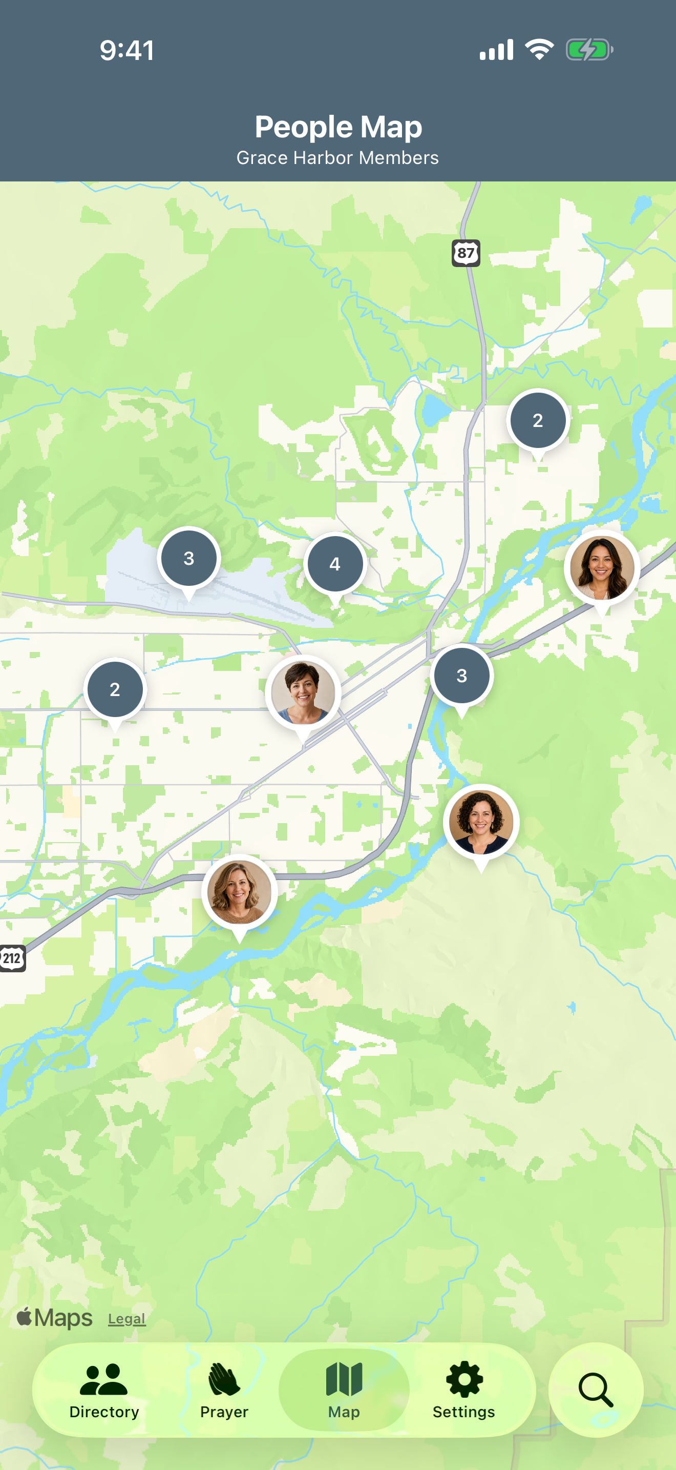 People Map showing fictional directory members, shared households, and area clusters across a community