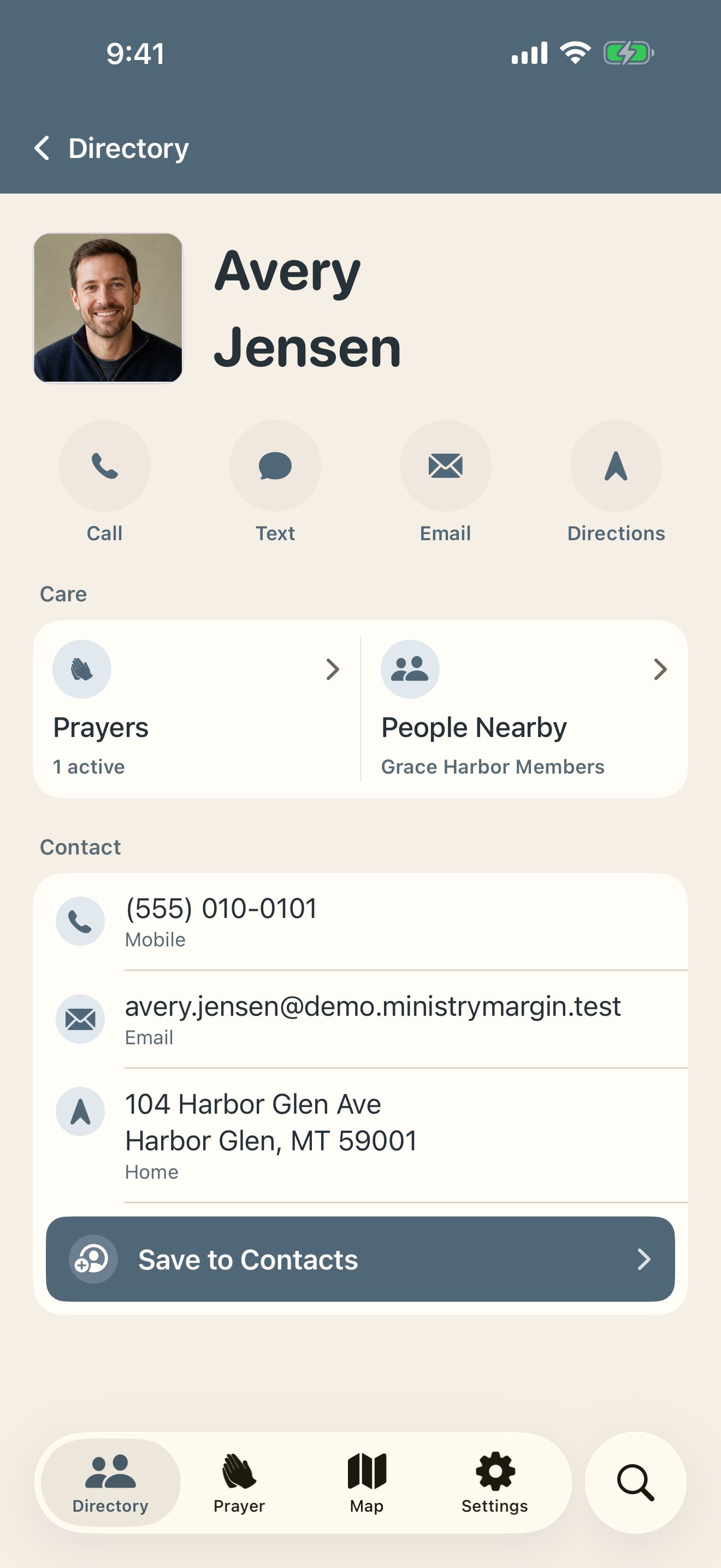 Fictional Avery Jensen contact card with call, text, email, directions, prayers, People Nearby, and Save to Contacts actions