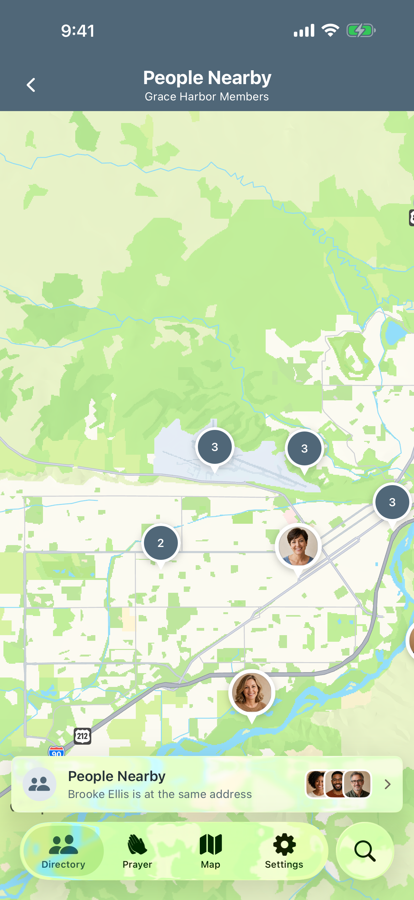 People Nearby map showing a fictional shared household and other nearby directory members